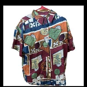 MARGUERITE LI Women L Button Up 100% Silk Blouse Bohemian Hawaii Colorful